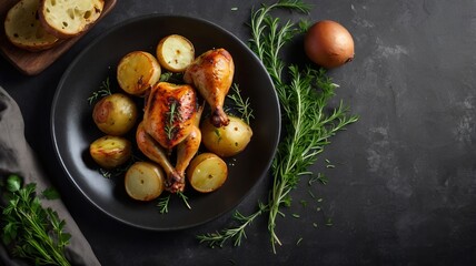 A roasted chicken with potatoes and herbs on a dark plate, set against a grey background. Top view with copy space, perfect for a banner concept.