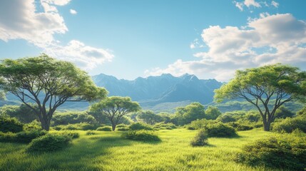 Wall Mural - scenic landscape with lush greenery and mountains