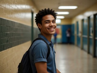 Wall Mural - Young man smiling confidently in a school hallway.