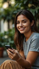 Wall Mural - Young Latina woman smiling while using a smartphone.