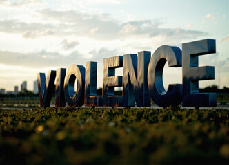 concept of Violence written in an empty field with dark ominous mood, subtle background early afternoon, skyline and blurry foreground