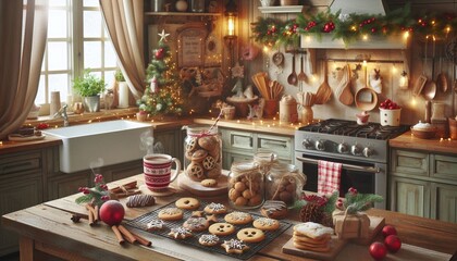 Rustic kitchen table filled with freshly baked holiday cookies and cup of hot cocoa.