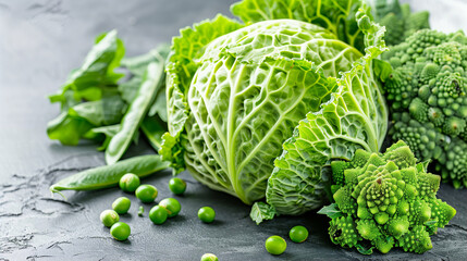 Cabbage and broccoli with fresh green vegetables and peas on a textured background