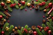 © Diana - Festive Christmas border with pine branches, red ornaments, cones, and golden stars on a black background. Ideal for seasonal promotions and designs with copy space in the center.