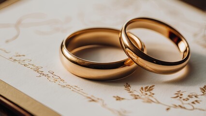 A pair of golden wedding ring resting elegantly on top of a wedding certificate, symbolising eternal love and commitment within a relationship.