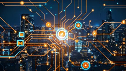 Leinwandbilder - The vibrant skyline at night showcases tall buildings illuminated by colorful lights, resembling an advanced city. Circuit patterns overlay the cityscape, enhancing its futuristic appearance.