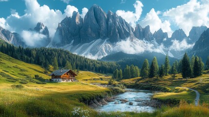 Wall Mural - Majestic Mountain Cottage with Stream