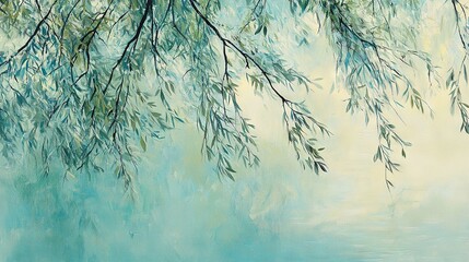 Wall Mural -   A blue tree branch hangs above calm water beneath a cloudy sky