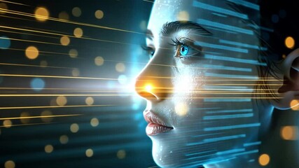 Poster - A woman gazes forward with a serene expression as vibrant, glowing lines and dots surround her, symbolizing advancements in digital technology and innovation.