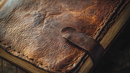   Close-up of book with brown leather cover and strap