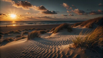 A peaceful summer scene of a desert beach at sunset, featuring a white sandy background and ample copy space for your image.