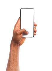 Fototapete - Mockup image of black man's hand holding smartphone with blank screen isolated on white background, copy space