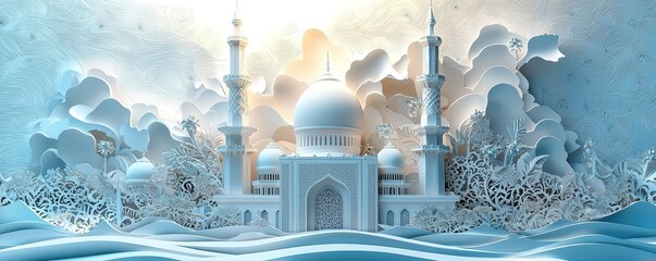 Intricate 3D paper art depicting an Islamic architectural background with ornate domes and minarets, set against a serene blue sky and decorative clouds