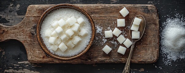 Bowl of white sugar cubes with scattered granules on rustic wooden board in soft lighting