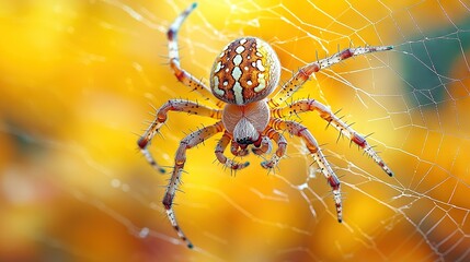 Wall Mural - spider on web against yellow background flower in distance blur
