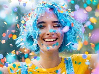 Joyful Woman with Colorful Confetti Celebration vibrant