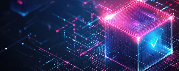 Wall Mural - futuristic digital cube illustration with glowing neon colors in a minimalist isometric style depict
