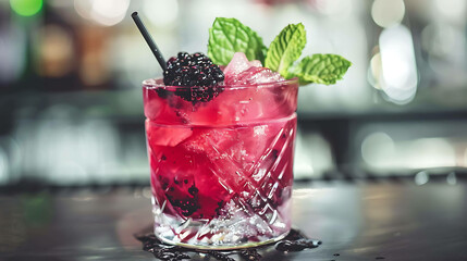 refreshing and delicious blackberry cocktail garnished with fresh mint on the bar counter with blurred background