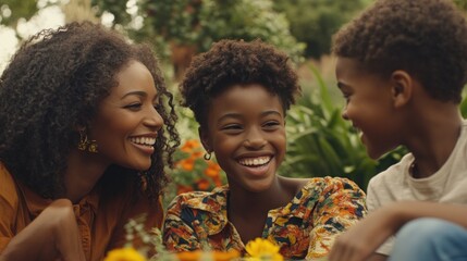 A happy family of three, a mother and her two children, laughing together in a garden.