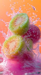 Wall Mural - Freshly sliced kiwi fruit splashing into water, creating vibrant, colorful droplets.