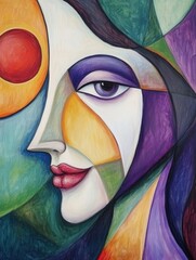 Wall Mural - An abstract composition highlights a woman's face using bold colors and geometric shapes, integrating a sun motif in the background