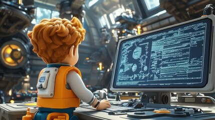 Young boy in futuristic setting, working on computer.