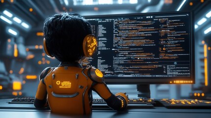 A futuristic robot programmer sits at a computer, coding in a high-tech environment.