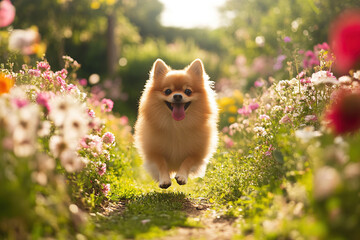 Wall Mural - Cute pomeranian dog running between the flower rows in the park