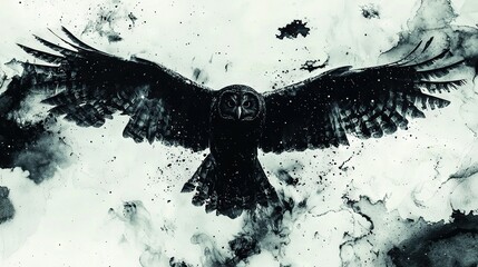 Wall Mural -   A black-and-white photo depicts an owl perched on a branch with its wings open against a stark white backdrop