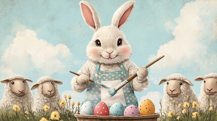 A friendly rabbit in an apron carefully decorates vibrant eggs while playful sheep watch, all under a bright sky