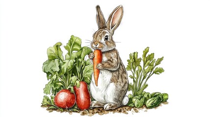 Wall Mural -   Watercolor illustration of a rabbit biting into a carrot, flanked by an array of veggies and foliage