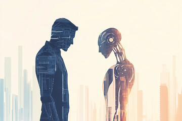 silhouette of man with AI robot, collaboration