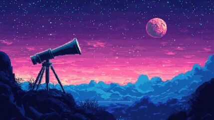 a telescope on a rocky outcrop, pointed towards a pink and blue moon in the sky.