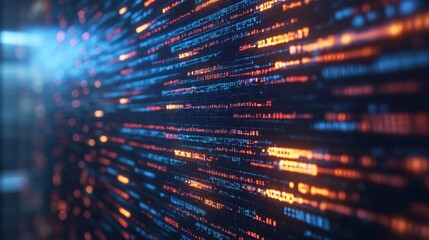 Abstract digital code background with glowing blue and orange lines.