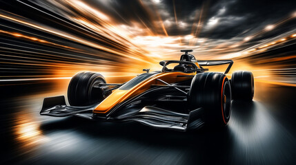 Futuristic  Formula One car driving fast in the city, with motion blur and speed lines. 