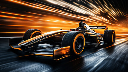 Futuristic  Formula One car driving fast in the city, with motion blur and speed lines. 