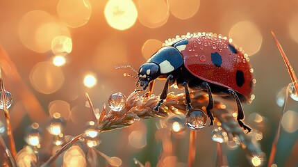 Wall Mural -   Ladybug on dewed plant with blurry background