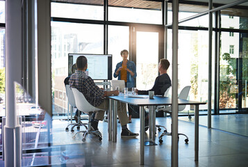 Poster - Woman, presentation and charts on screen, talking and group with feedback for b2b sales in office. Business people, speaker and info with pitch, review and board with stats for brand communication