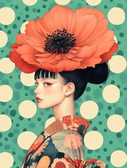 Wall Mural - A young woman showcases a vibrant poppy flower headpiece against a colorful polka dot background while wearing traditional clothing