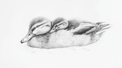 Wall Mural -  small duckling snuggling under its motherâ€™s wing, with soft shading and tender expressions