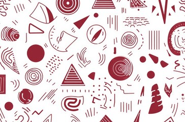 Simple line art pattern featuring dark red lines on a white background, showcasing various shapes and symbols with clean lines and geometric forms.