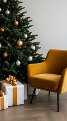 Sticker - A chic Christmas setting featuring a beautifully decorated tree in white and gold, surrounded by elegant wrapped gifts, a plush velvet chair, and twinkling lights for a sophisticated holiday feel 