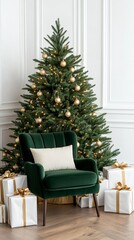 Sticker - A chic Christmas setting featuring a beautifully decorated tree in white and gold, surrounded by elegant wrapped gifts, a plush velvet chair, and twinkling lights for a sophisticated holiday feel 