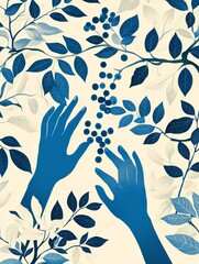 Poster - Blue hands stretch towards clustered berries surrounded by detailed leaves in a calming, artistic arrangement