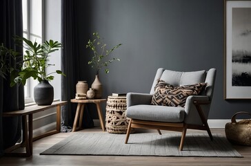 Scandinavian, Boho interior design of modern living room with accent armchair and big frame on grey wall. Lively decor highlights a simple, country style with modern elements.