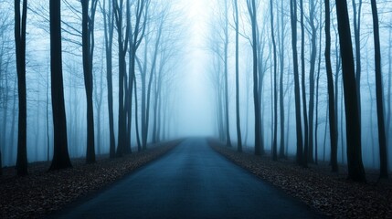 Poster - Mysterious fog enveloping a quiet forest path, with tall trees fading into the mist, their branches barely visible as the fog creates a haunting, otherworldly atmosphere 