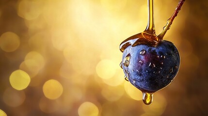 Sticker -   A blueberry dangling on a string with a syrup drop beside it against a yellow backdrop