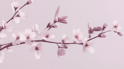 Wall Mural -   One blooming white and pink branch stands out on a light pink backdrop, surrounded by lush foliage