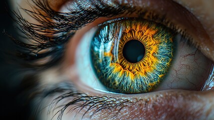 Poster -   A close-up of a person's eye, showing a blue and yellow iris in the center