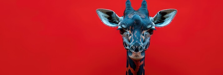 A vibrant giraffe portrait set against a bold red background showcasing its unique features